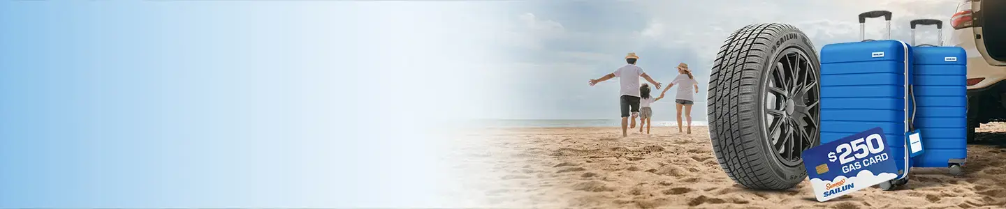 Wide promotional banner with a soft blue gradient on the left and a beach scene on the right featuring a Sailun tire, two blue suitcases, a $250 gas card, and a family walking near an SUV.