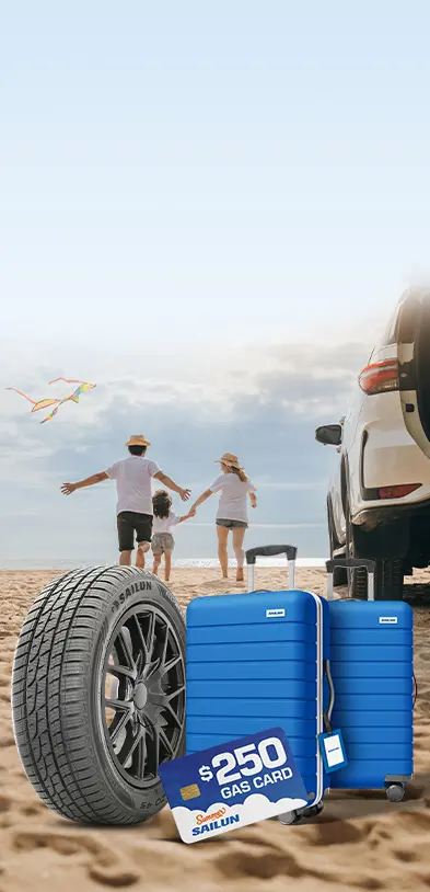 Wide promotional banner with a soft blue gradient on the left and a beach scene on the right featuring a Sailun tire, two blue suitcases, a $250 gas card, and a family walking near an SUV.
