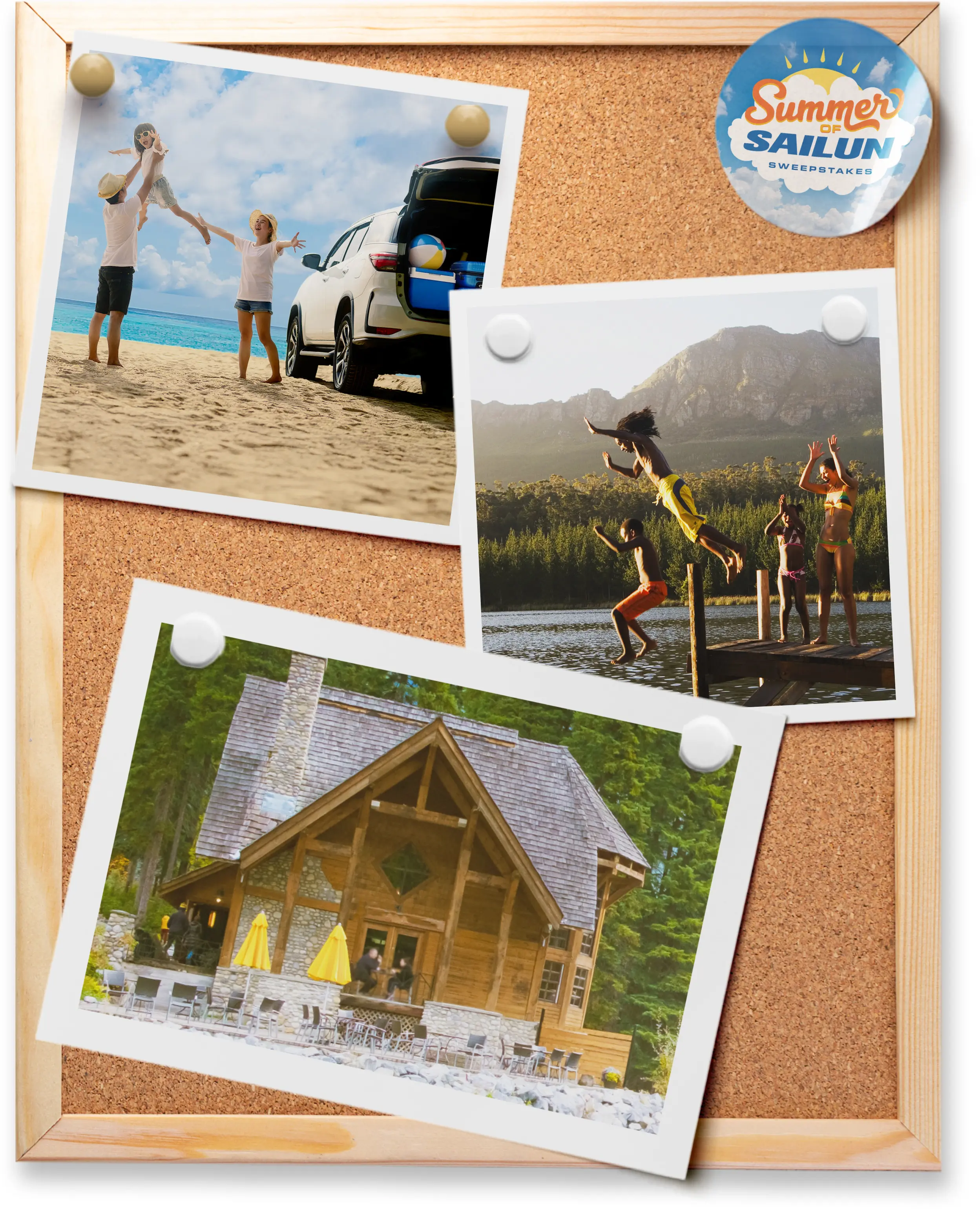 Corkboard with three pinned vacation-style photos and a round “Summer of Sailun Sweepstakes” badge in the top right. The photos show a family playing on a beach beside an SUV, kids jumping off a dock into a lake with mountains in the background, and a large wooden cabin in the woods.