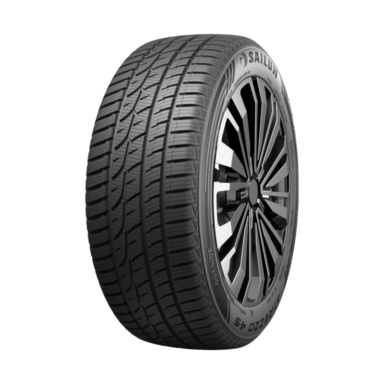 Close-up of Sailun Atrezzo 4S all-weather tire showcasing its directional asymmetric tread, designed to perform in dry, wet, and snowy conditions.